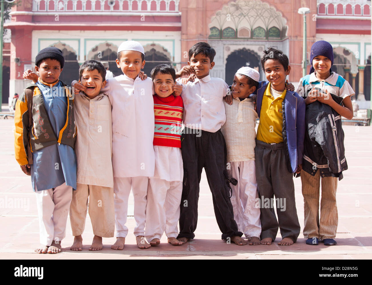 Muslim Boys at the Fatehpuri Mosque in Old Delhi India Stock Photo