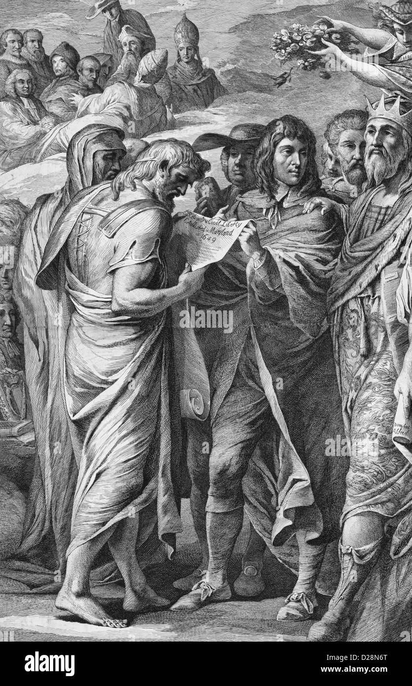 Religious & civil liberty established in Maryland in 1649 - Allegorical scene of Lord Calvert showing Lycurgus the document establishing civil and religious liberty in Maryland in 1649. Stock Photo
