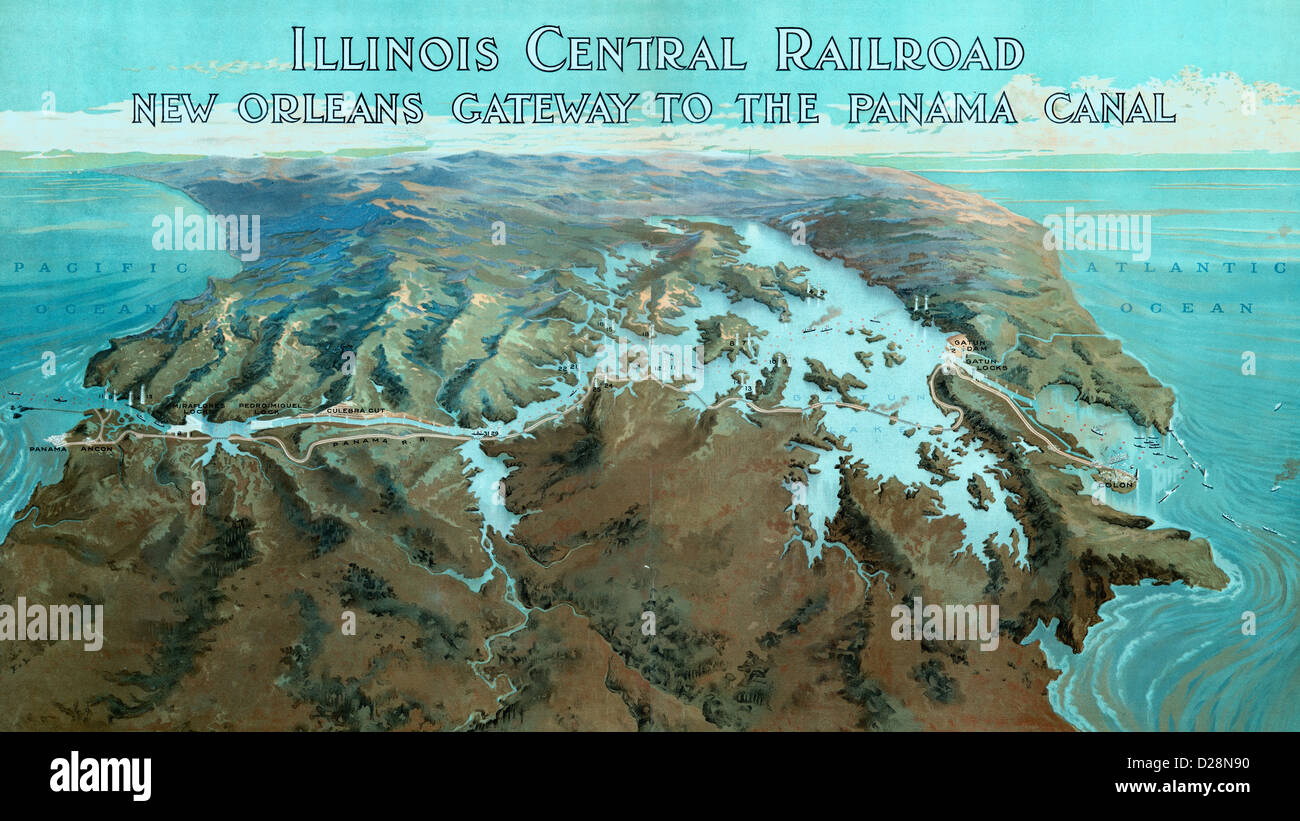 Illinois central railroad - Gateway to the Panama Canal - Vintage poster with an aerial view of the Panama Canal, circa 1920 Stock Photo
