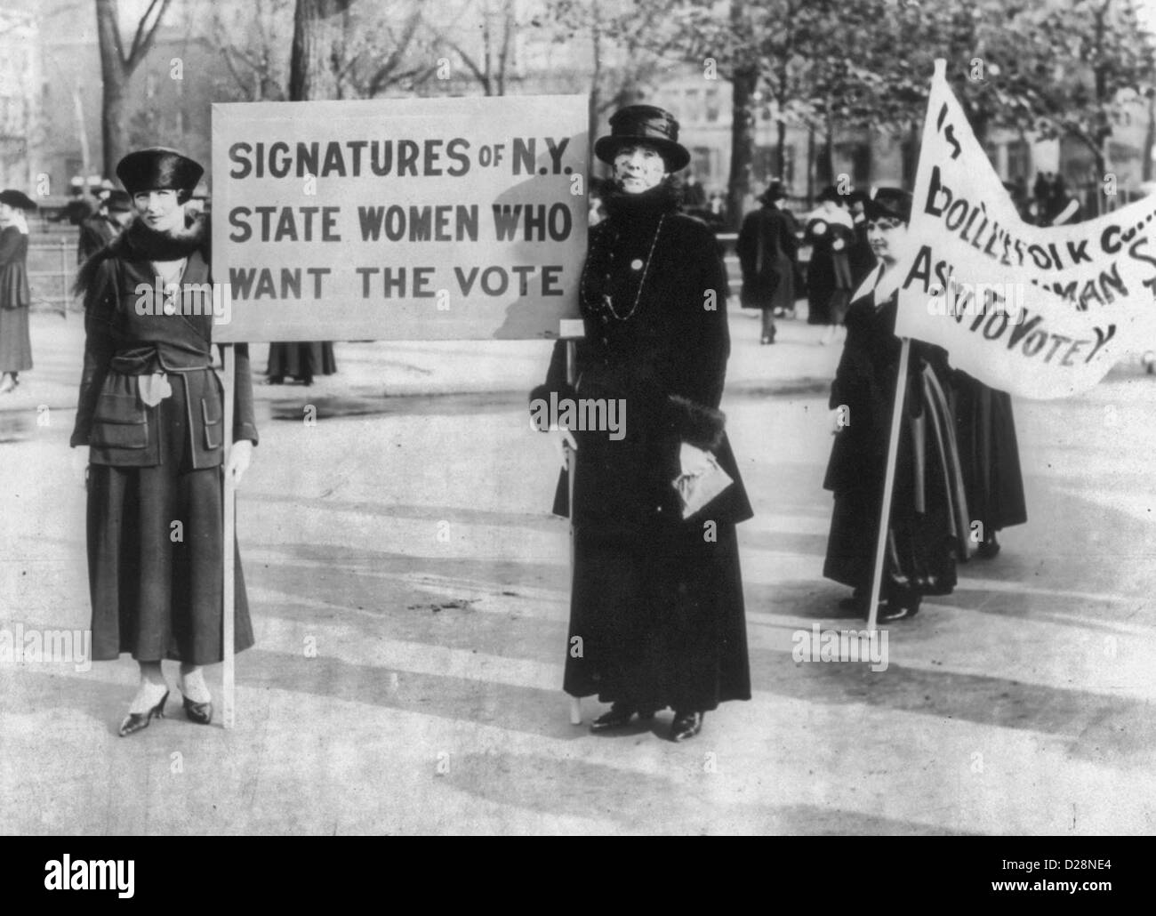 Suffragettes - U.S.: Audre Osborne and Mrs. James S. Stevens, with several others in background,  holding signs, 1917 Stock Photo