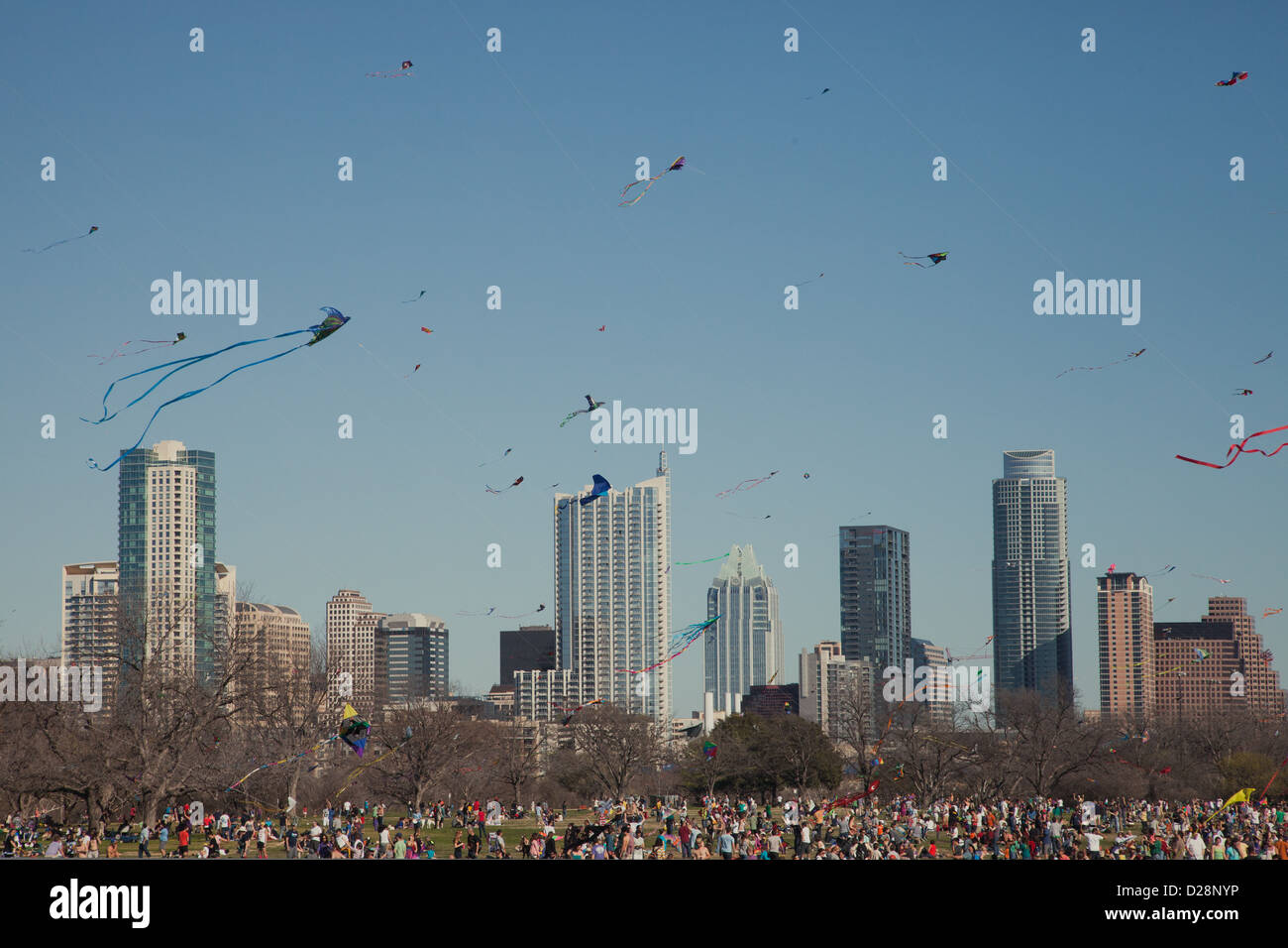 Austin Skyline and hundreds of kites during the Austin Kite Festival in