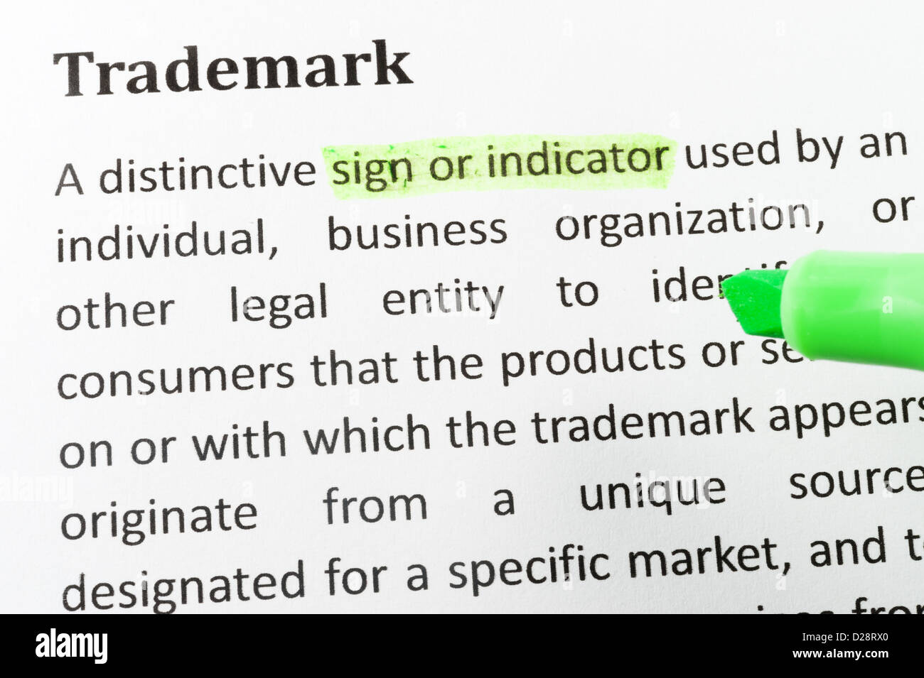 Highlighter and trademark concept words on paper Stock Photo