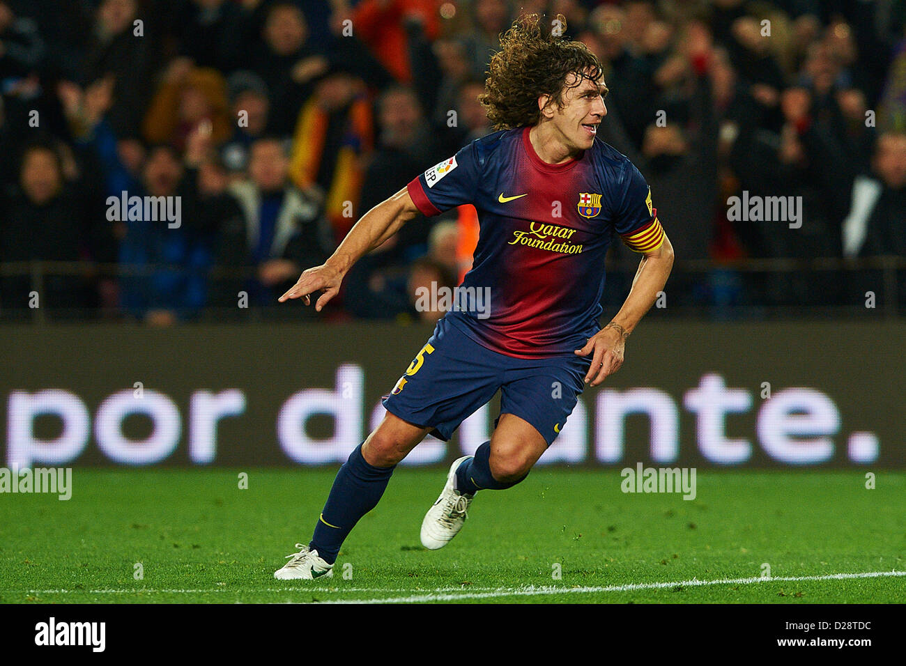 Barcelona, Spain. 16th January 2013. Carles Puyol (FC Barcelona) celebrates after scoring, during Kings Cup soccer match between FC Barcelona and Malaga CF, at the Camp Nou stadium in Barcelona, Spain, wednesday, January 16, 2013. Credit:  dpa picture alliance / Alamy Live News Stock Photo