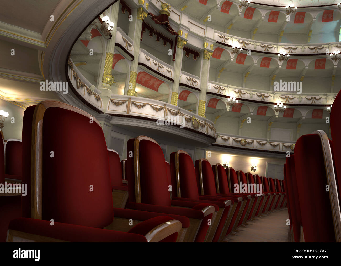 Classic Theater interior, with balconies and chair rows in the foreground. Stock Photo