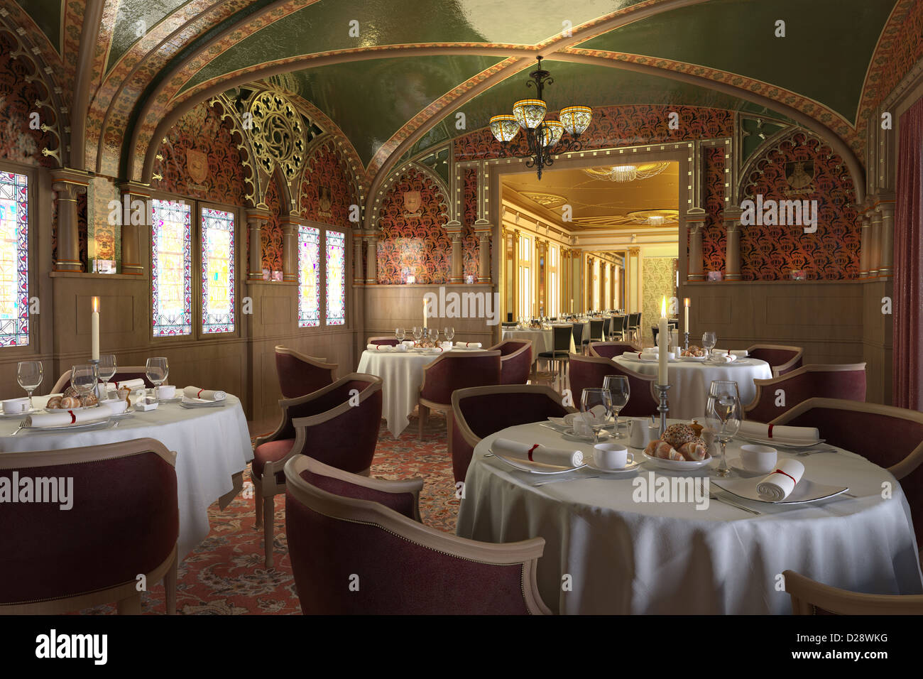 Old stylish antique restaurant interior, with decorations and set up tables. Stock Photo