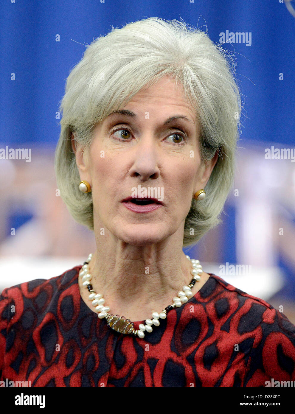 United States Secretary of Health and Human Services Kathleen Sebelius attends the remarks of U.S. President Barack Obama and Vice President Joe Biden at an event at the White House in Washington, D.C. to unveil a set of proposals to reduce gun violence on Wednesday, January 16, 2012. .Credit: Ron Sachs / CNP Stock Photo
