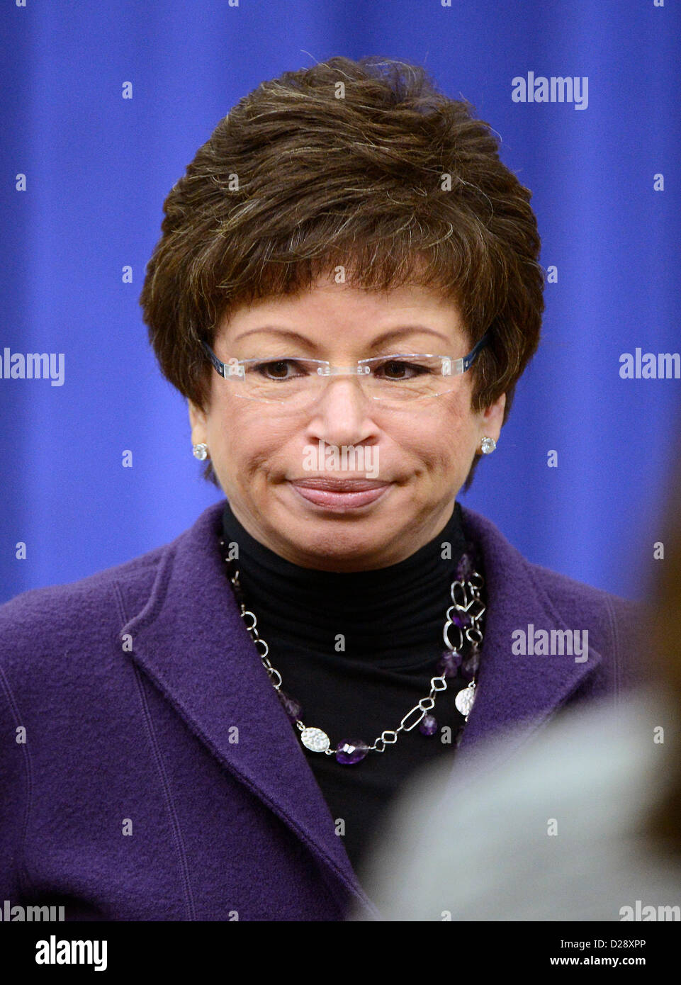 Senior Advisor Valerie Jarrett attends the remarks of U.S. President Barack Obama and Vice President Joe Biden at an event at the White House in Washington, D.C. to unveil a set of proposals to reduce gun violence on Wednesday, January 16, 2012. .Credit: Ron Sachs / CNP Stock Photo