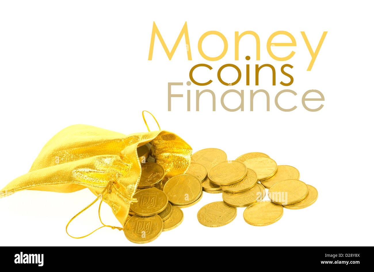 Money coins in golden bag isolated on white Stock Photo - Alamy