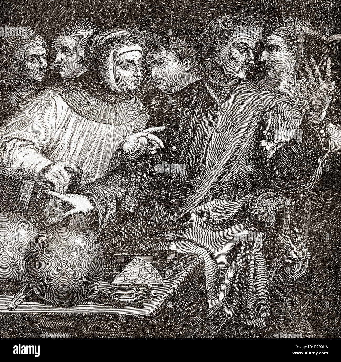 Six Tuscan Poets by Giorgio Vasari.  Ficini, Landino, Petrarch, Boccaccio, Dante and Cavalcanti. Stock Photo
