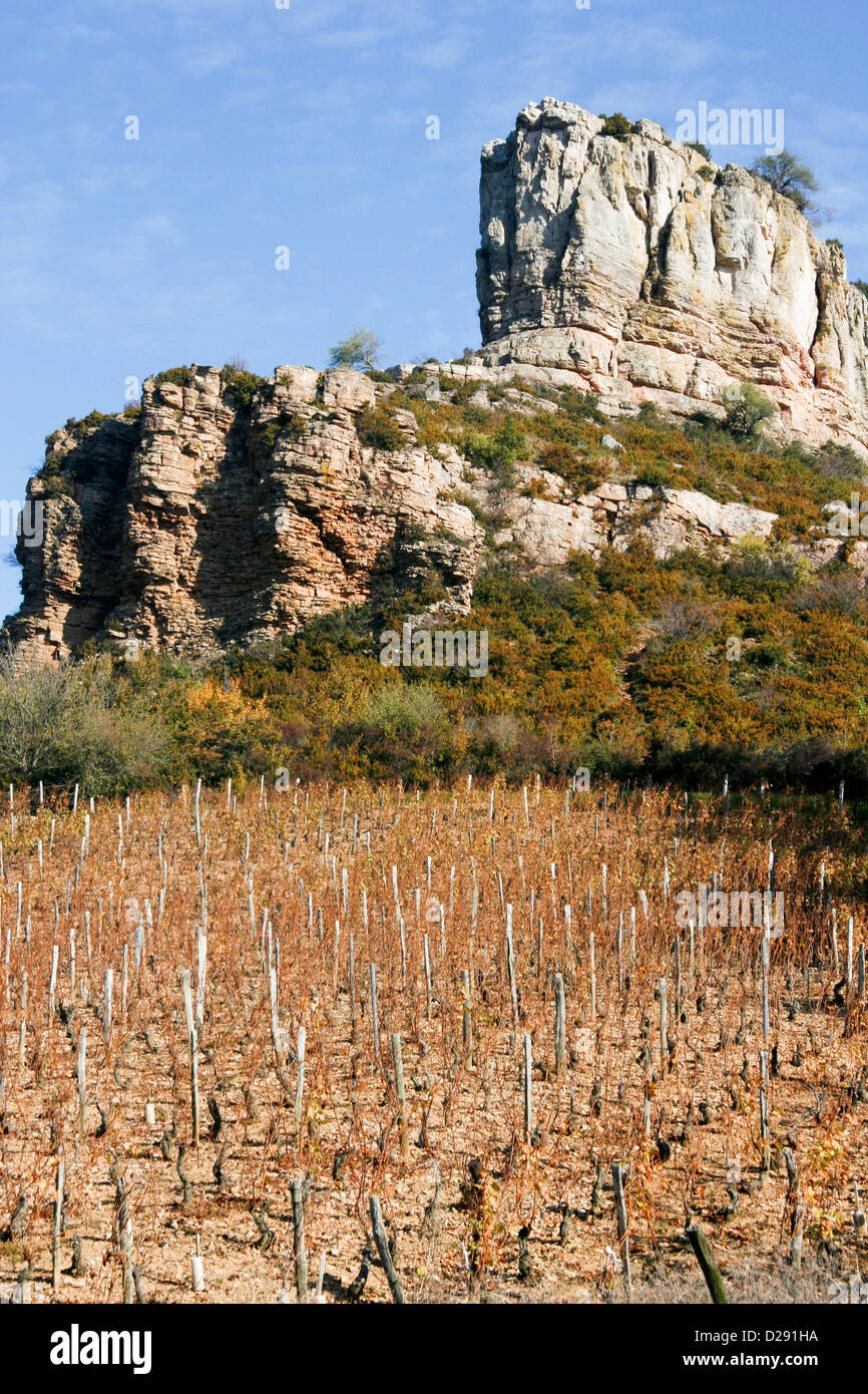 France, Maconnais Wine-Growing Region Of Pouilly-Fuisse Beneath Prehistoric Site Of The Rock Of Solutre Stock Photo