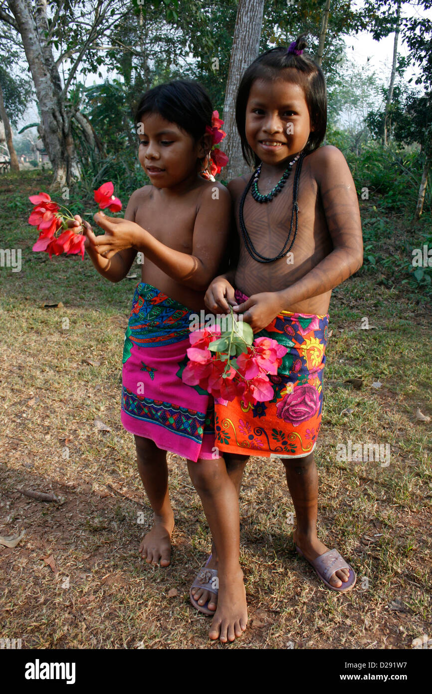 Panama, Embera Indigenous Girls In The Darien Stock Photo