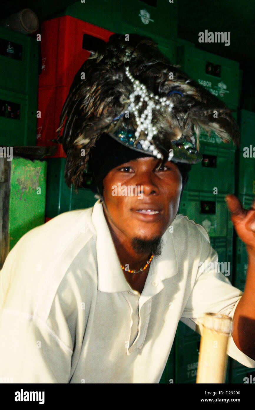Panama, Man Wearing Feathered Headress, Portobelo Creole Culture Stock Photo