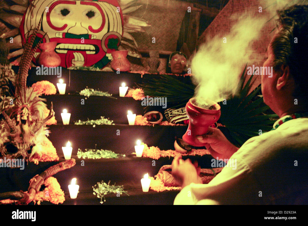 Shaman At Altar For Day Of The Dead Festivities At Xcaret Near Playa