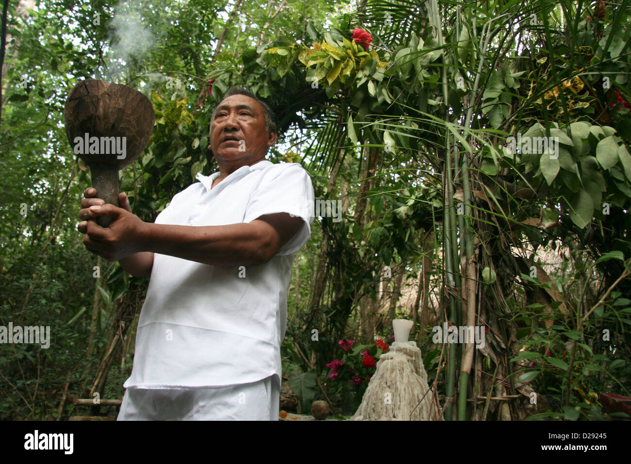 Shaman Performs Cleansing Ceremony In PacChen Mayan Community. Mexico