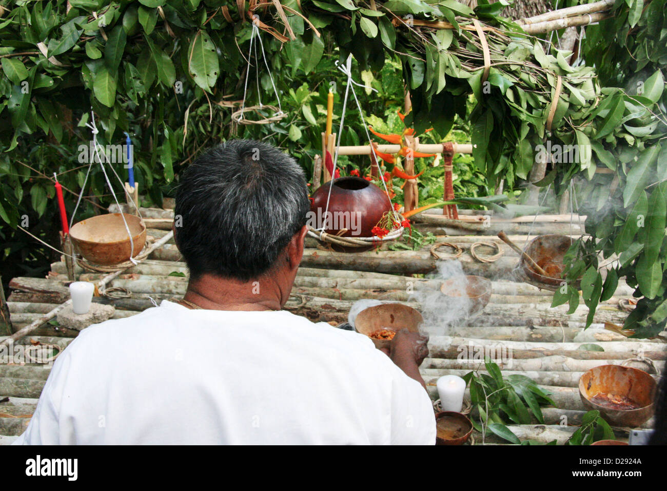 Shaman Performs Blessing In Pac-Chen Mayan Community. Mexico Stock Photo