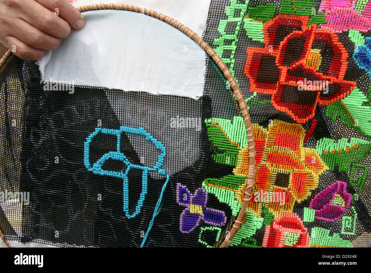 Typical Mayan Embroidery In Pac-Chen Mayan Community. Mexico Stock Photo
