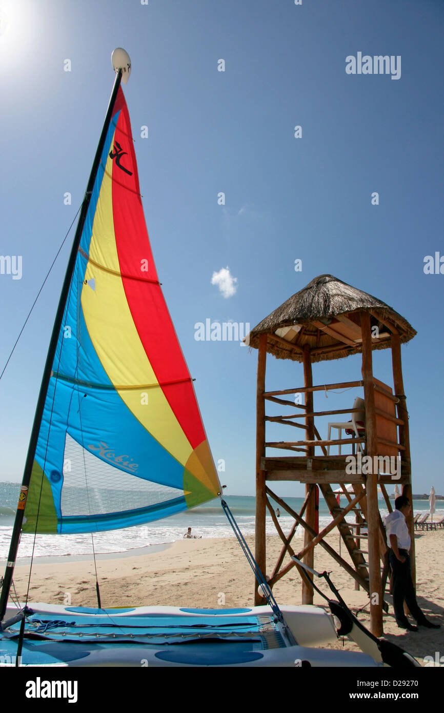 Sailboat On Beach At Mandarin Oriental. Riviera Maya, Mexico. Stock Photo