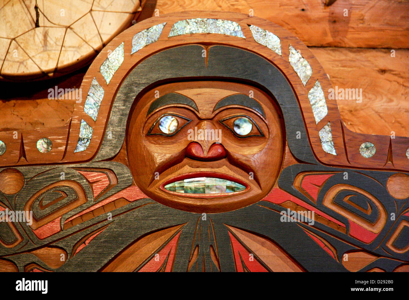 Detail Of Chief'S Chair With Abalone Inlay Inside Longhouse At 'Ksan Historical Village And Museum, B.C., Canada Stock Photo