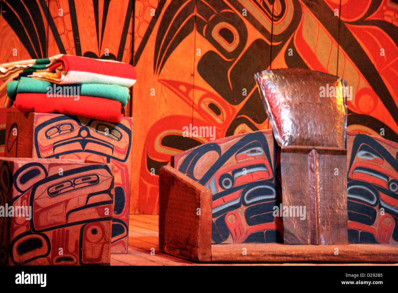 Inside Longhouse Showing Trade Goods At 'Ksan Historical Village And Museum, B.C., Canada Stock Photo