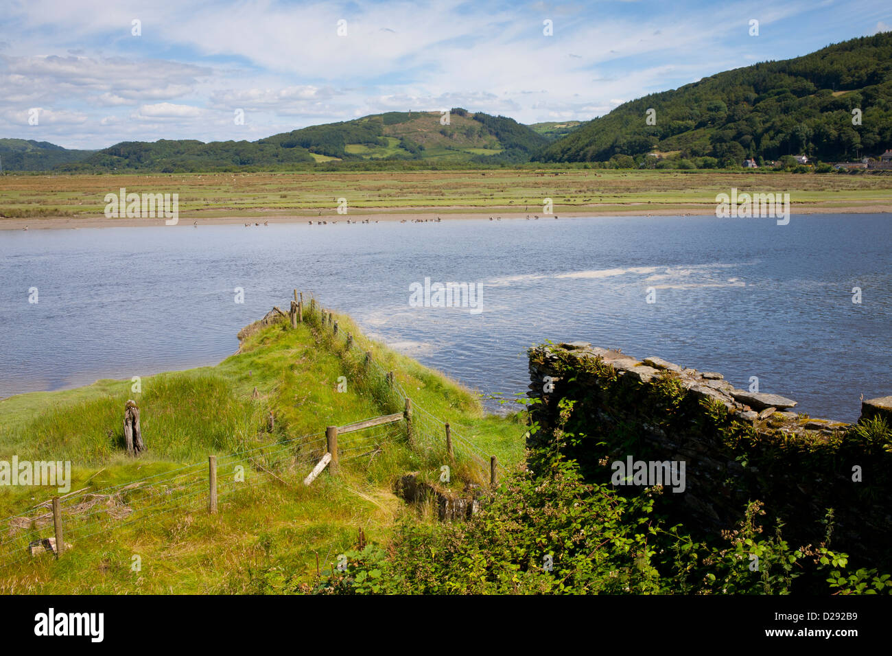 View from a birdwatching hide across the river Dyfi. RSPB Ynys Hir reserve. Ceredigion, Wales. Stock Photo