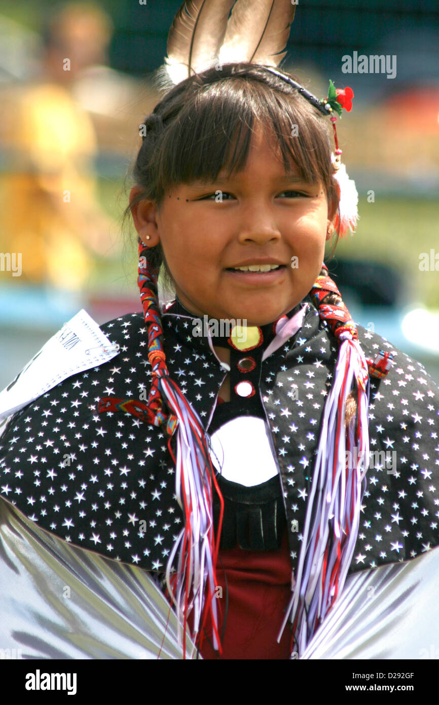 Young Female Dancer Competing At Pow Wow, West Vancouver, B.C. Canada Stock Photo