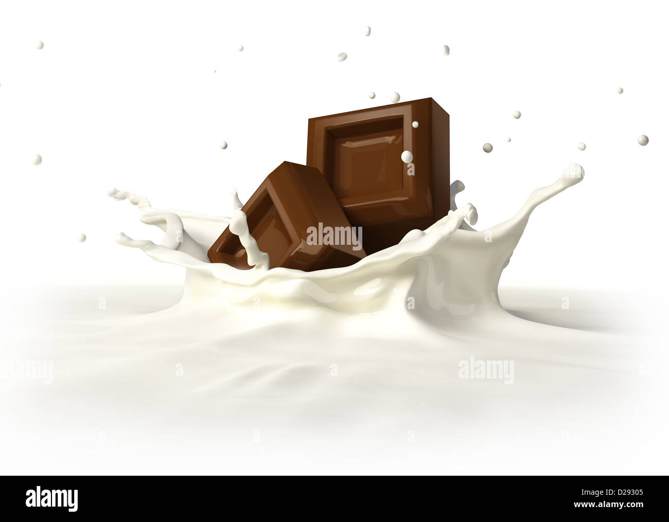 Two chocolate blocks falling into milk forming a crown splash. On white background, with clipping path included. Stock Photo
