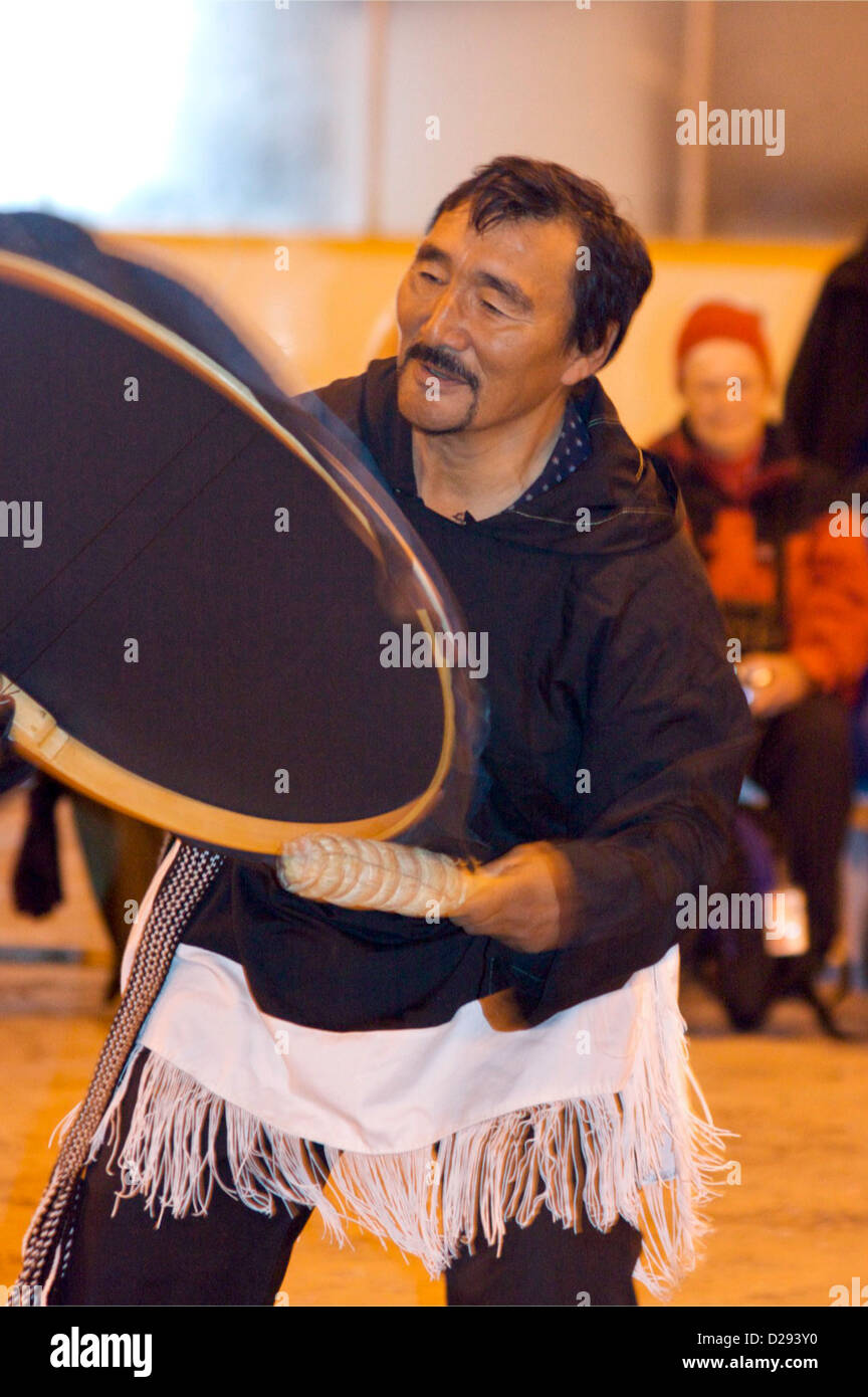Inuit Man Doing Traditional Drum Dance, Gjoa Haven, Nunavut, Arctic Canada Stock Photo