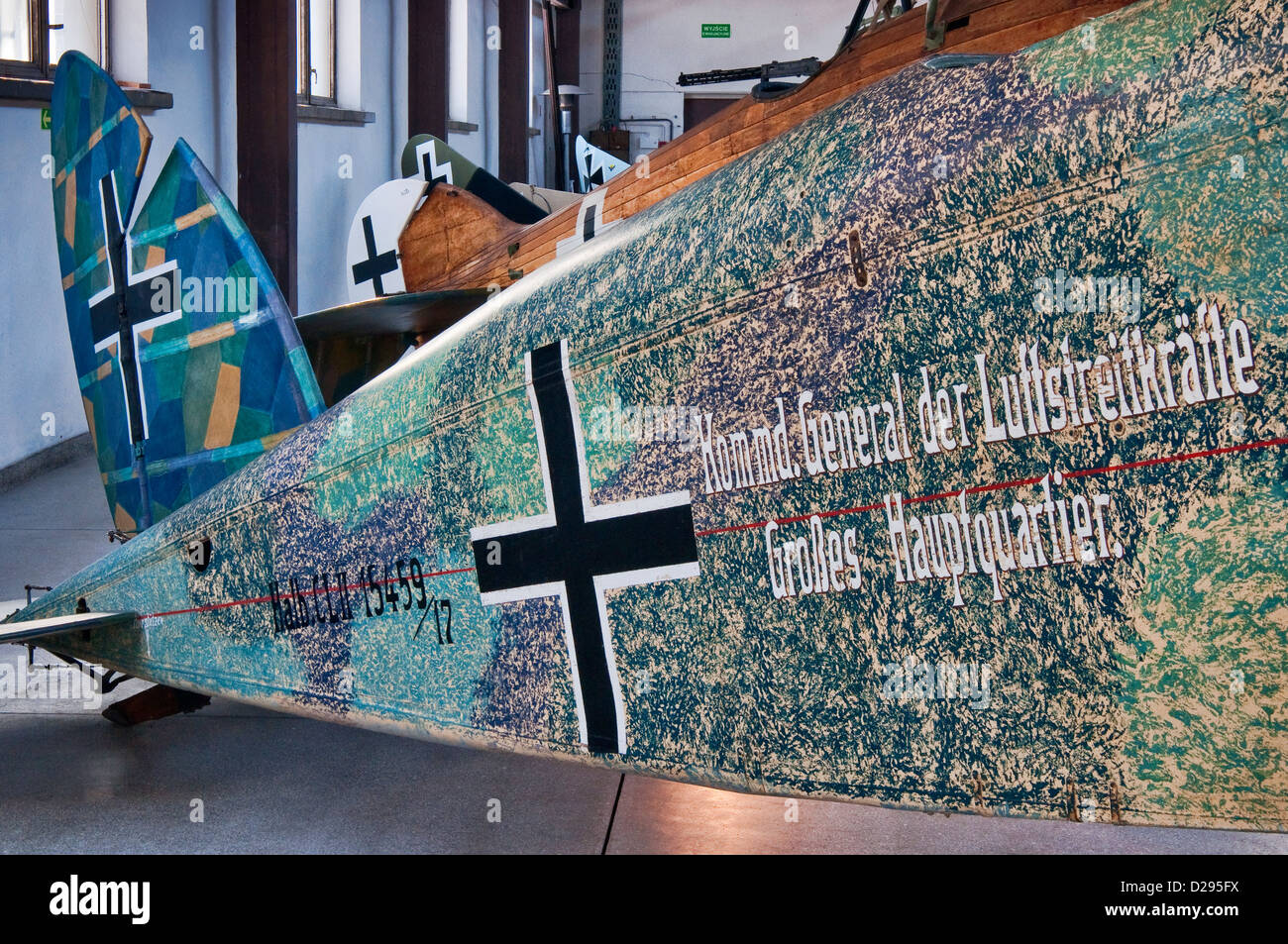 Tail section of Halberstadt C.II WW1 German escort fighter/ground attack aircraft, Polish Aviation Museum in Krakow, Poland Stock Photo