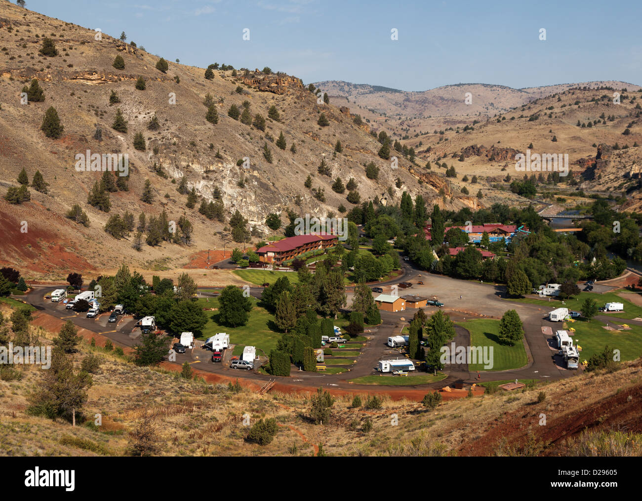 View of RV campground at Kah-Nee-Ta Resort, near Warm Springs, Oregon, USA Stock Photo
