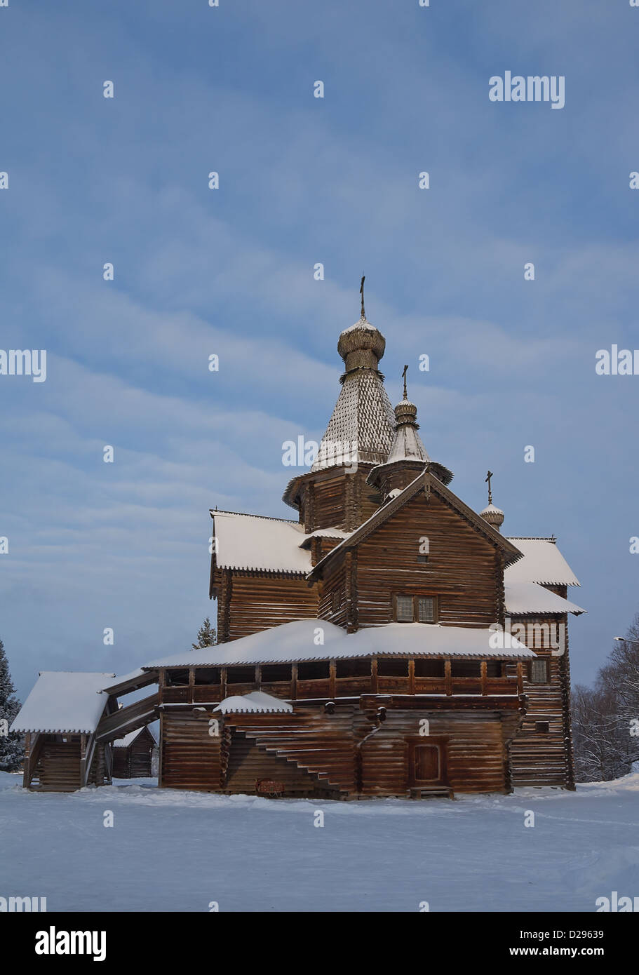 Ancient  church of Nativity of Our Lady, built 1531. Vitoslavlitsy open-air museum of wooden architecture. Novgorod the Great Stock Photo