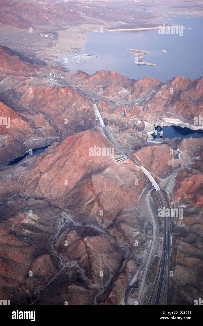 flying over great basin highway bypass for the hoover dam and the arizona Nevada border on the colorado river USA Stock Photo
