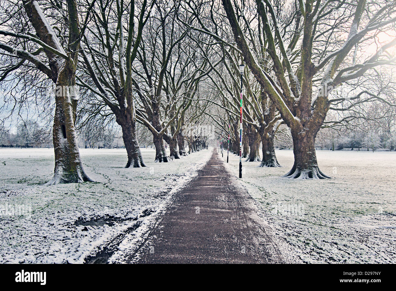 Snowy Path on Jesus Green, Cambridge, UK Stock Photo