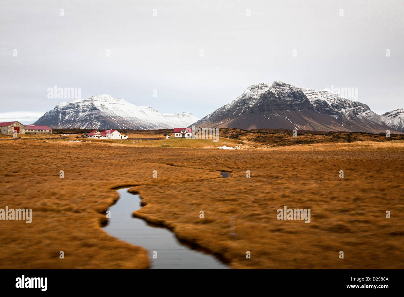 eastern iceland landscape mountains and homes golden grass Stock Photo
