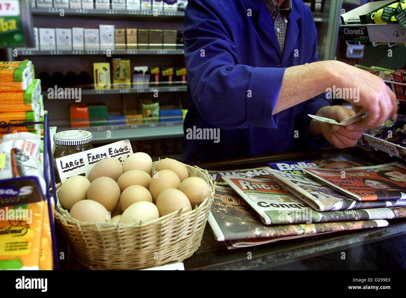 Fresh farm eggs on sale in a basket of small corner shop Brighton UK