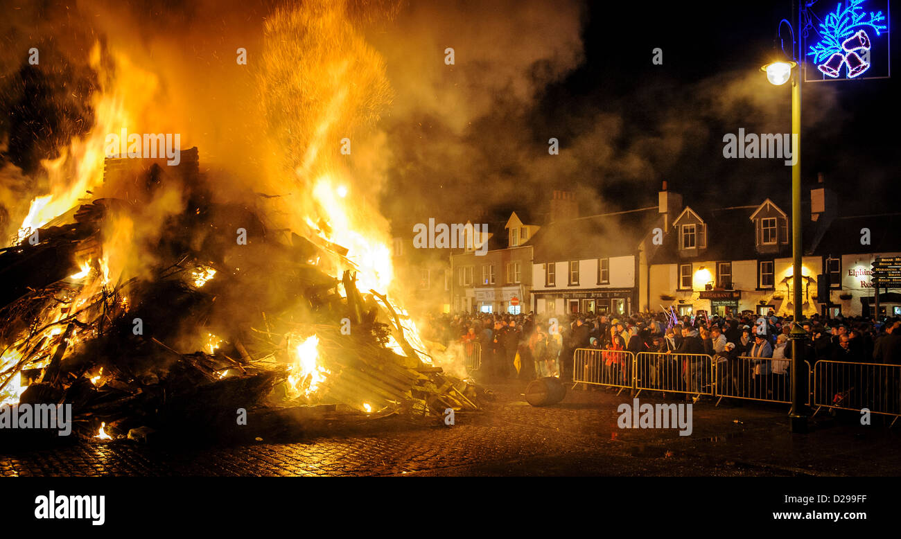 Hogmanay bonfire in the South Lanarkshire town of Biggar. Stock Photo