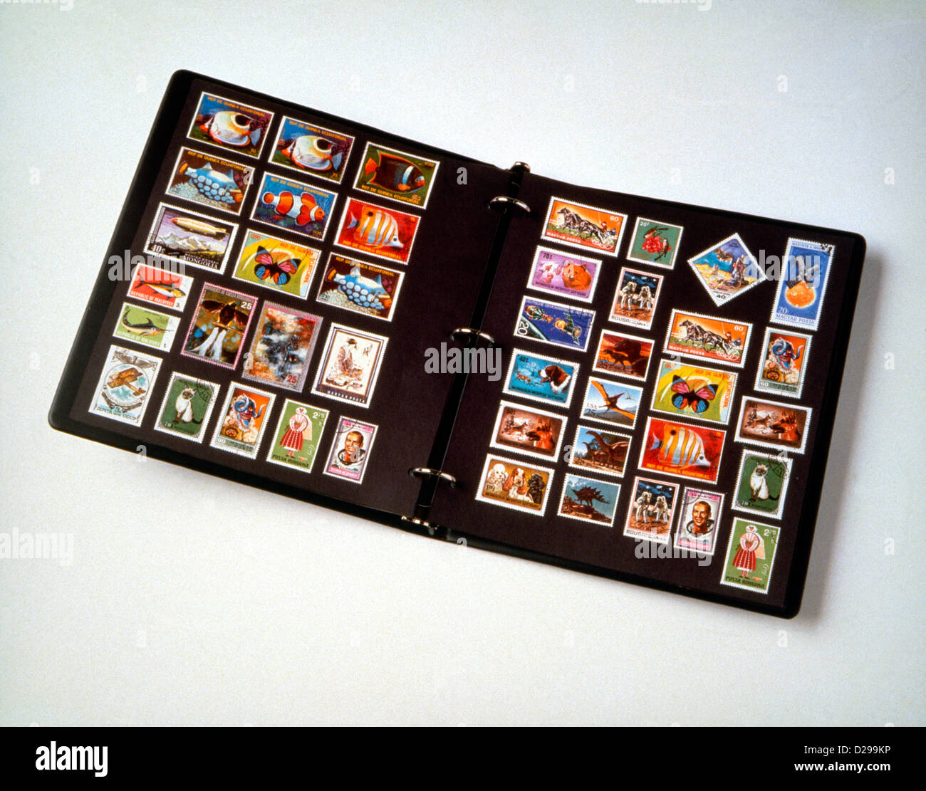 stamp collecting. Philatelic. Different brands in the album for stamps  Stock Photo