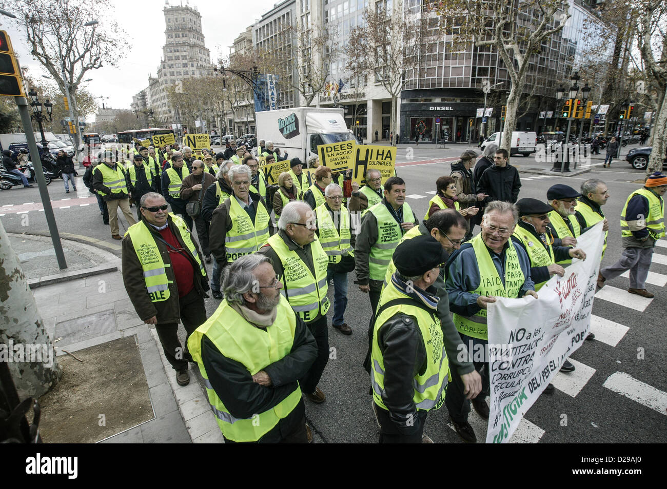 January 17th 2013, Barcelona, Spain. Seniors protests in Barcelona. In this picture: Rally blocking a part of the traffic of the main street of the city, passieg de gracia. Stock Photo