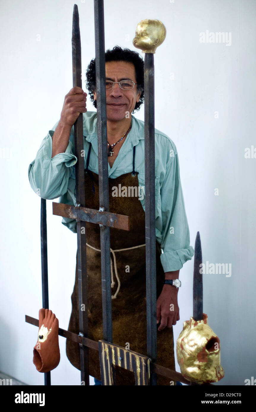 Fine art degree student and his sculpture at West Dean College