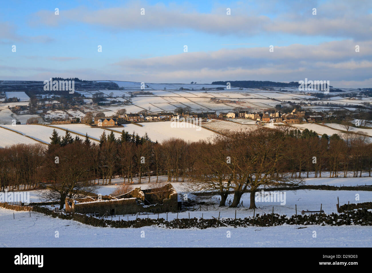 Stanbury from the Bronte Way in winter snow, Haworth, West Yorkshire ...