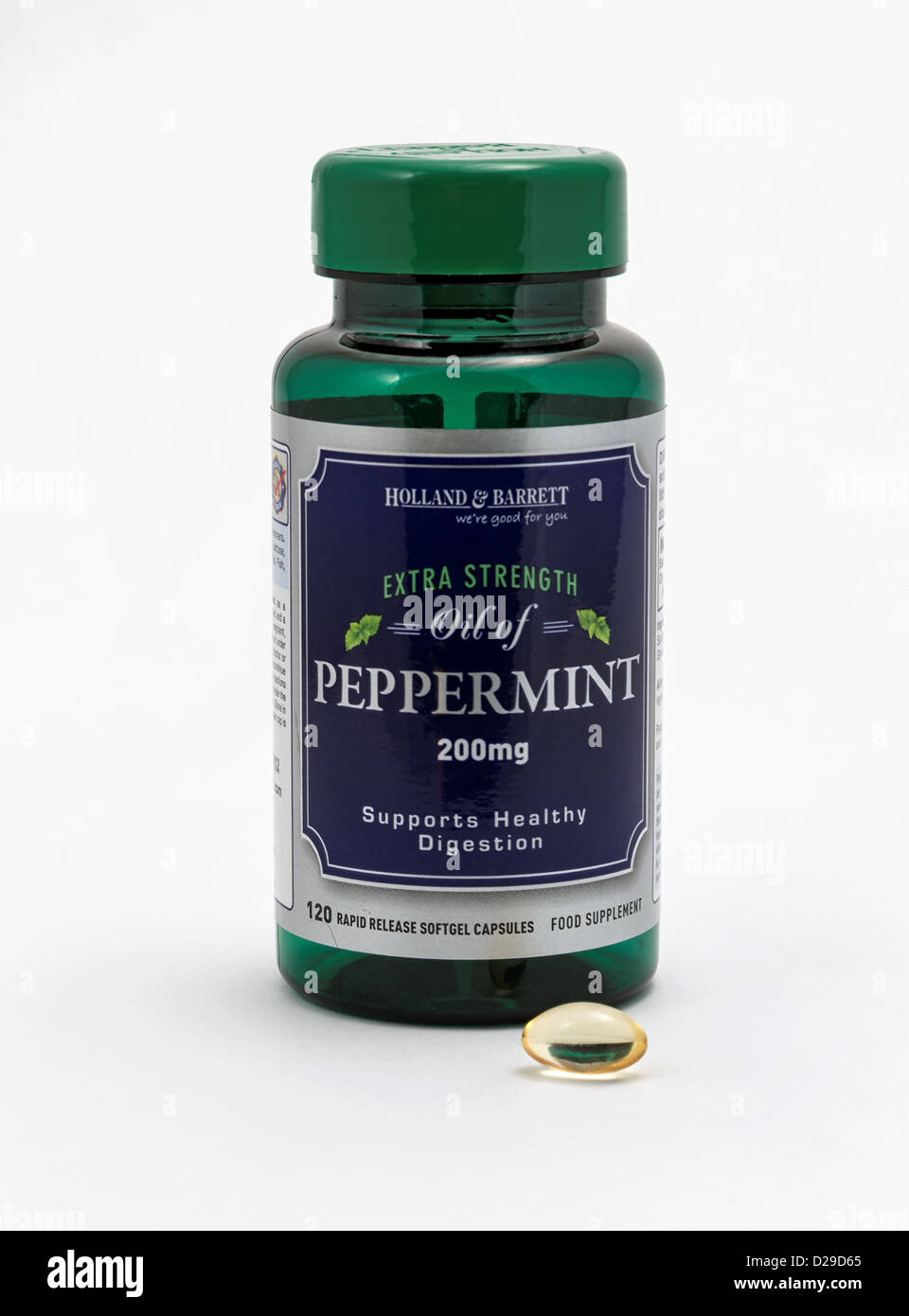 A bottle containing oil of peppermint capsules Stock Photo