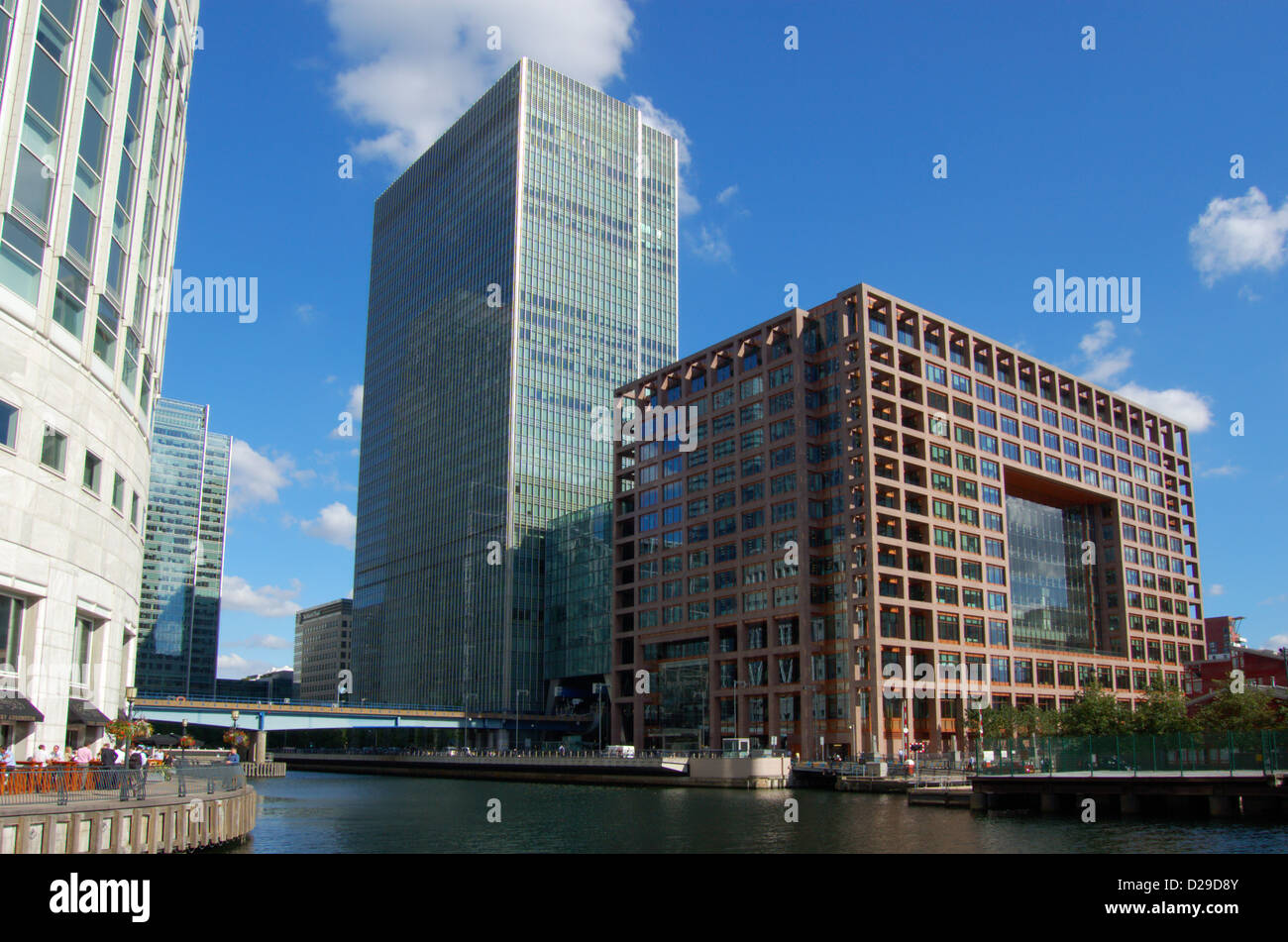 Office buildings and dock at Canary Wharf in London, England Stock ...