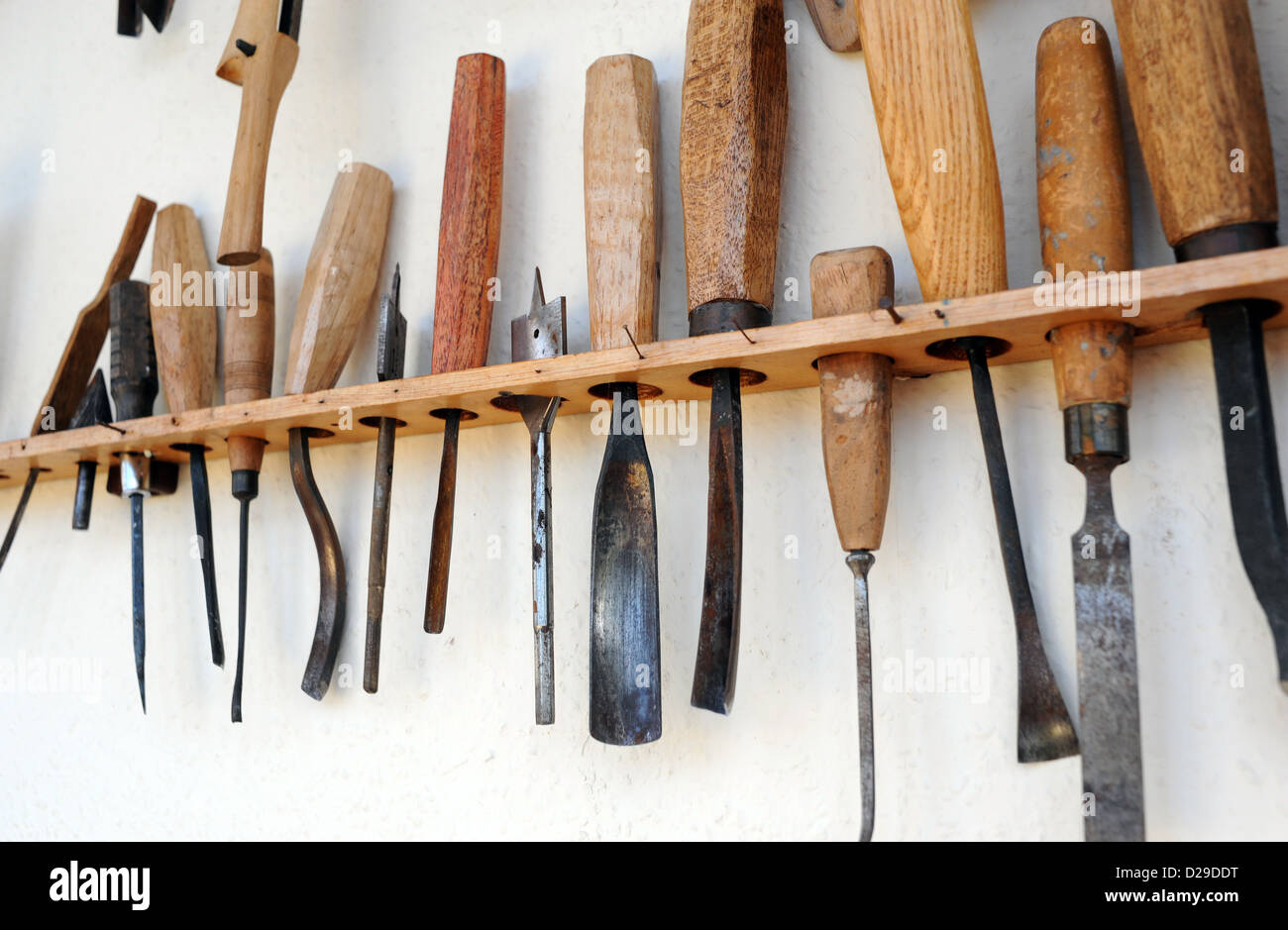 Wood sculpture hand made tools Stock Photo