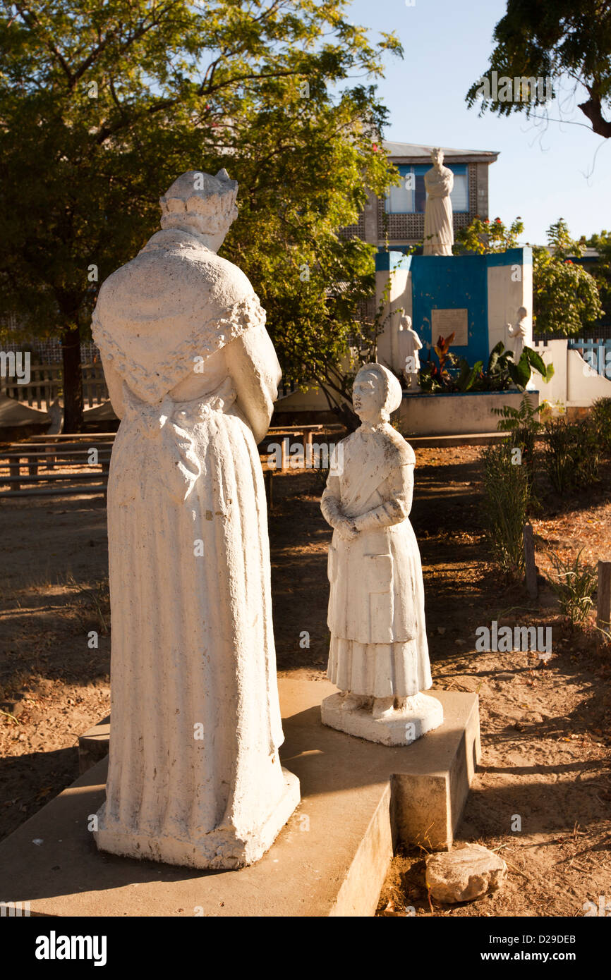 Madagascar, Morondava, town centre, catholic church school, statues in yard Stock Photo