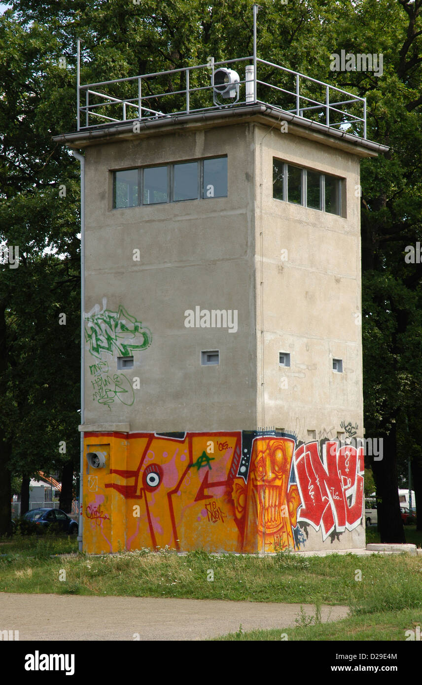 Germany. Berlin. Grenzwachturm. Last remained watch tower standing at its original place. Former Border Strip of Berlin Wall. Stock Photo