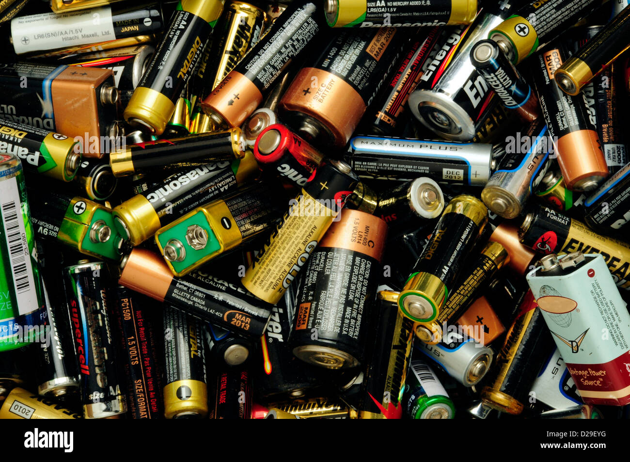 Bin of batteries to be recycled Stock Photo Alamy