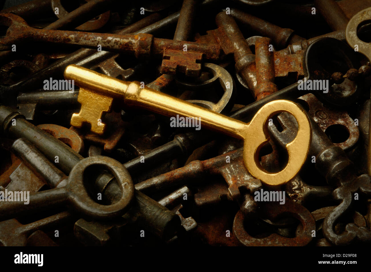 A gold skeleton key among old keys Stock Photo Alamy
