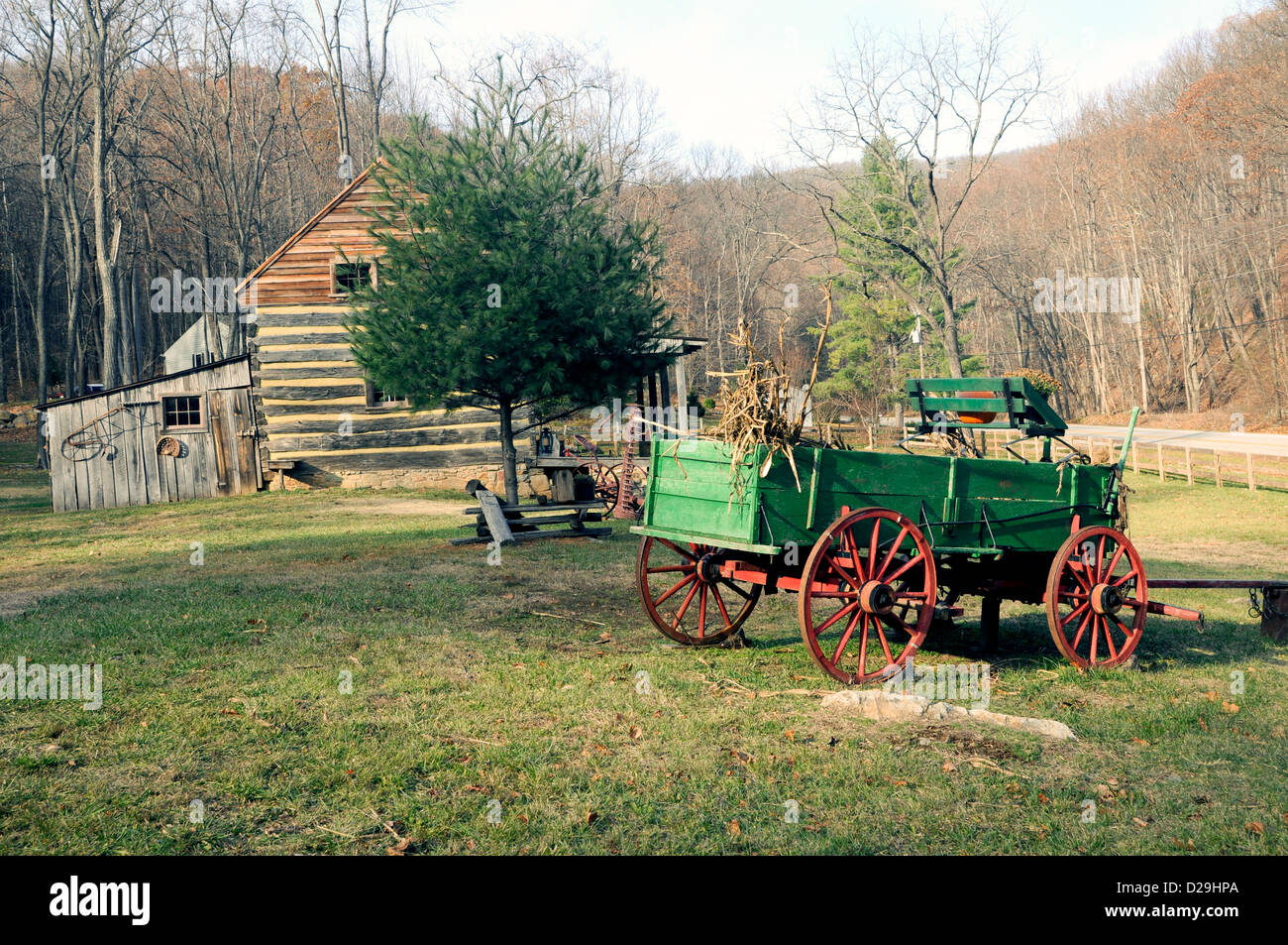Appalachian Log Cabin And Wagon Stock Photo