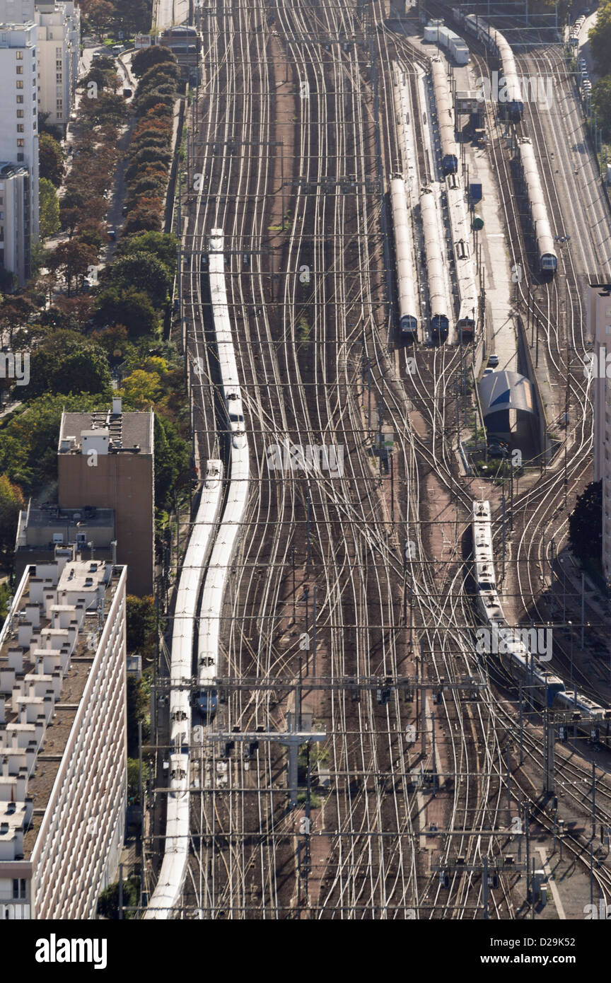 Railway trains outside Paris Gare Montparnasse (railway station) Stock Photo