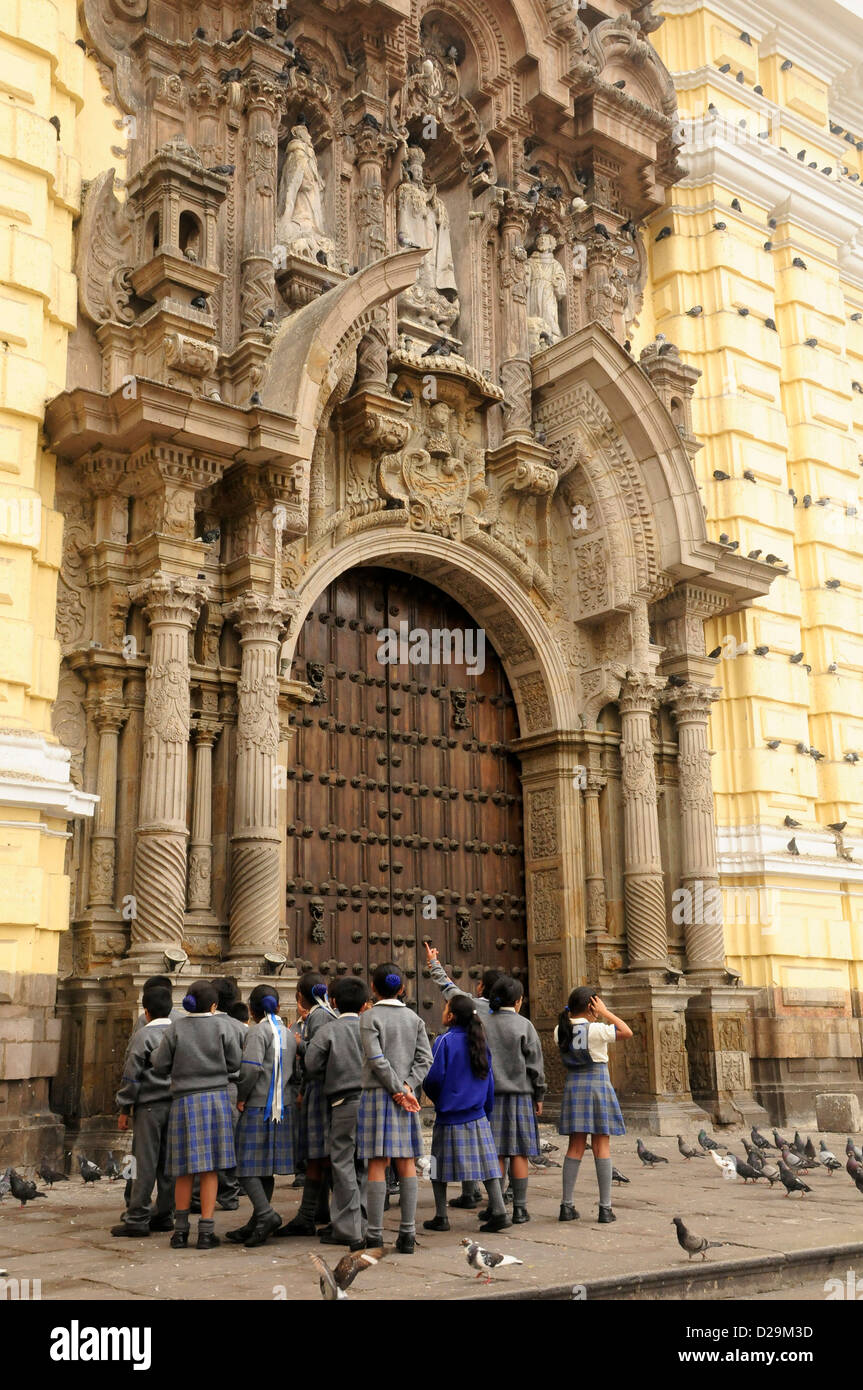 School Girls At Cathedral Door, Lima, Peru Stock Photo Alamy