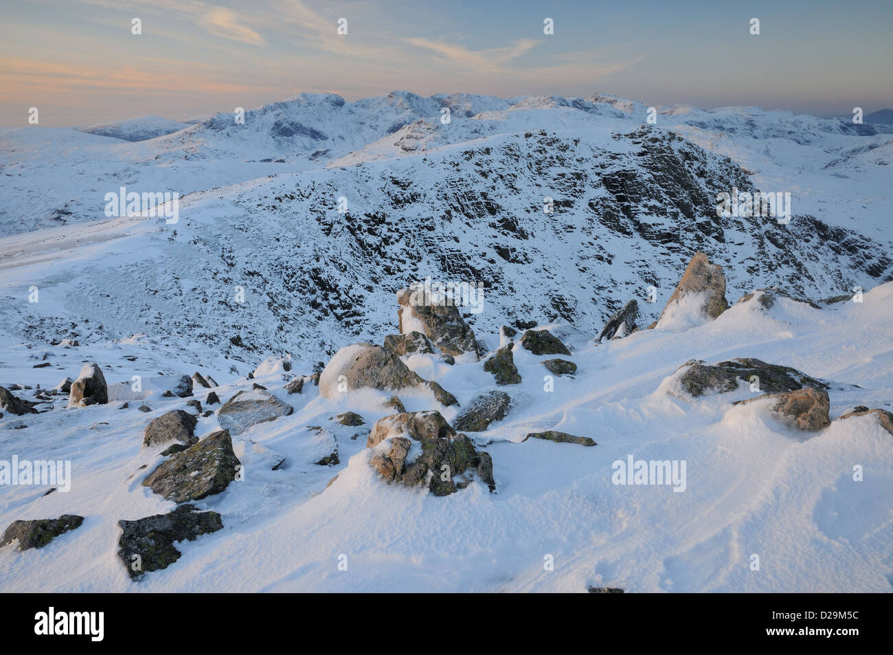 Swirl How summit and Great Carrs in winter in the English Lake District Stock Photo